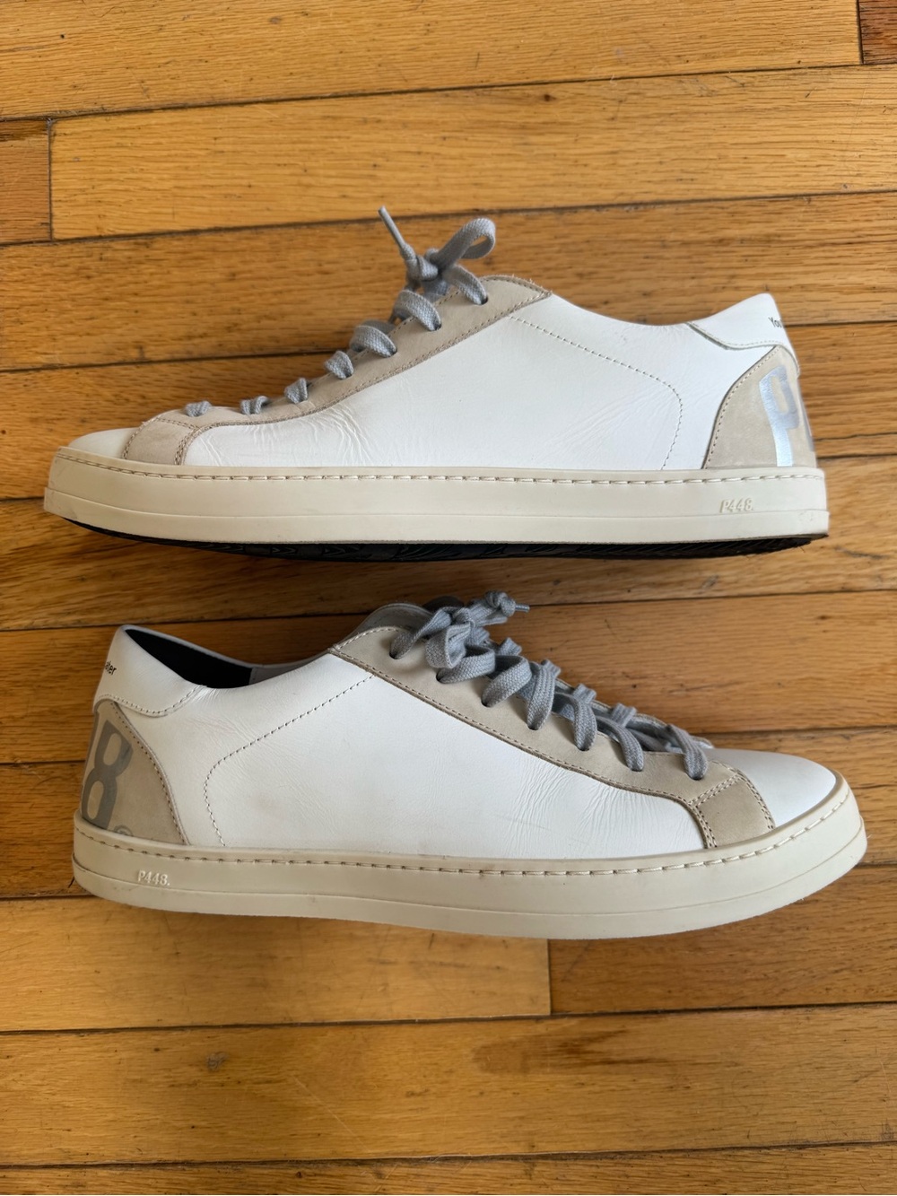 P448 White Leather Low-Top Sneakers with Cream and Gray Colorway. Unique sample
